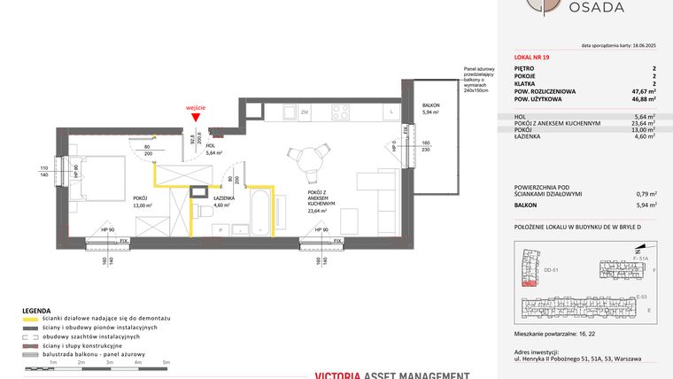 Rzut - Mieszkanie na sprzedaż 2 pokoje o powierzchni 47,67 m² - numer D.19 w Piastova Osada