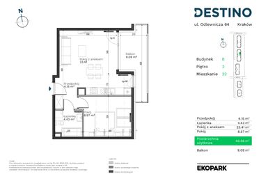 Rzut - Mieszkanie na sprzedaż 2 pokoje o powierzchni 40,56 m² - numer B-22 w Destino