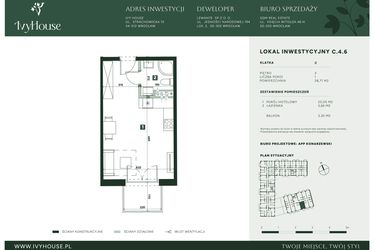 Rzut - Mieszkanie na sprzedaż 1 pokój o powierzchni 28,71 m² - numer C.4.6 w IVY HOUSE - Apartamenty inwestycyjne