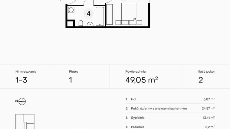 Rzut - Mieszkanie na sprzedaż 2 pokoje o powierzchni 49,05 m² - numer 1-3 w Pączka 1
