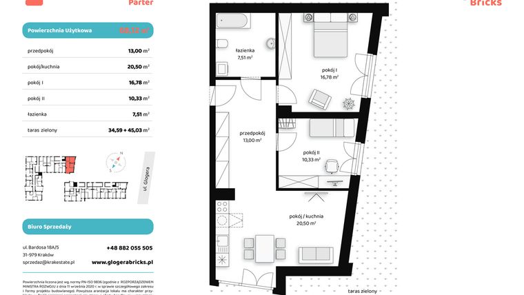 Rzut - Mieszkanie na sprzedaż 3 pokoje o powierzchni 68,12 m² - numer M III.0.1 w Glogera Bricks
