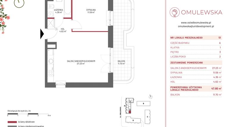 Rzut - Mieszkanie na sprzedaż 2 pokoje o powierzchni 47,8 m² - numer A/13 w Omulewska
