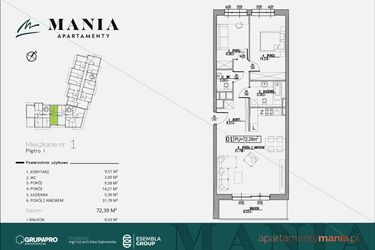 Rzut - Mieszkanie na sprzedaż 3 pokoje o powierzchni 72,39 m² - numer 1 w MANIA Apartamenty
