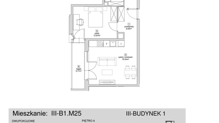 Rzut - Mieszkanie na sprzedaż 2 pokoje o powierzchni 48,93 m² - numer III-B1.M25 w Strefa Cegielnia 3