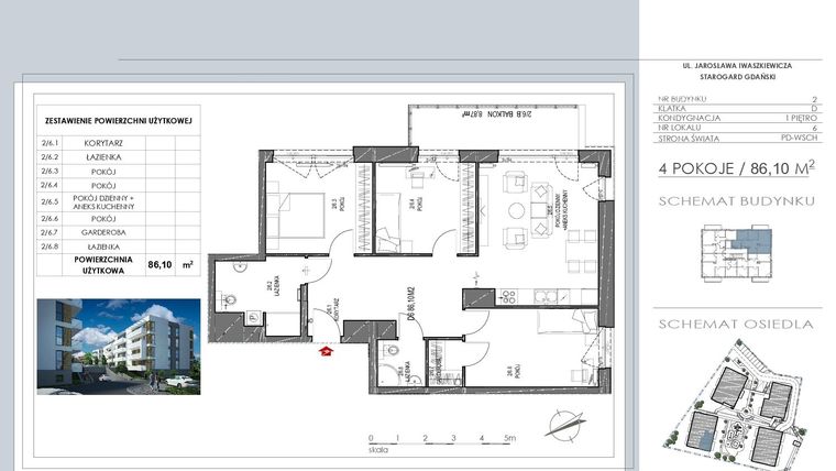Rzut - Mieszkanie na sprzedaż 4 pokoje o powierzchni 86,1 m² - numer D6 w Osiedle Lawendowe