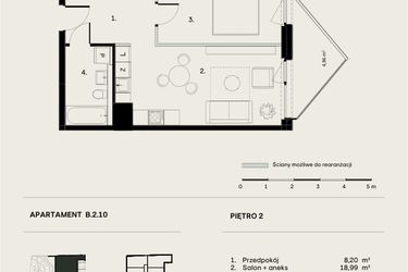 Rzut - Mieszkanie na sprzedaż 2 pokoje o powierzchni 44,7 m² - numer B/2/10 w Ogrodowa 12