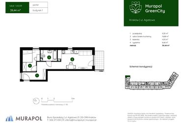 Rzut - Mieszkanie na sprzedaż 2 pokoje o powierzchni 39,44 m² - numer 1.A.0.09 w Murapol GreenCity bud. 1
