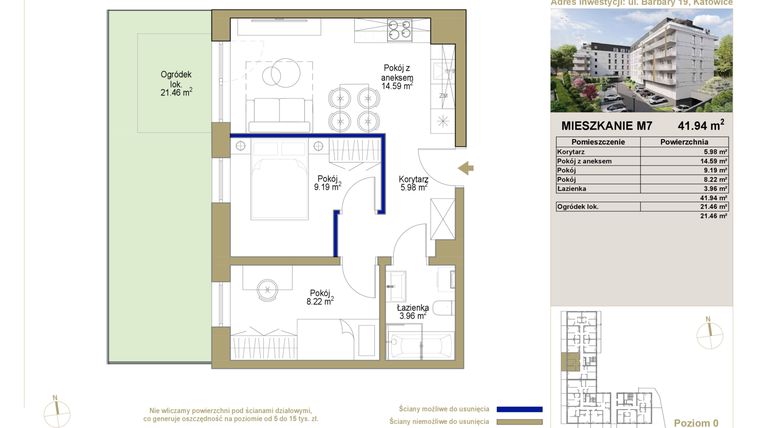 Rzut - Mieszkanie na sprzedaż 3 pokoje o powierzchni 41,94 m² - numer 7 w Barbary 19
