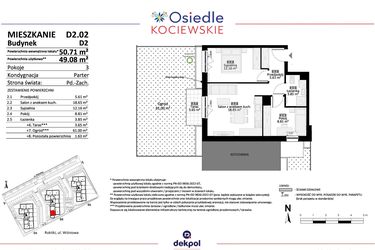Rzut - Mieszkanie na sprzedaż 3 pokoje o powierzchni 49,08 m² - numer D2.02 w Osiedle Kociewskie etap IV