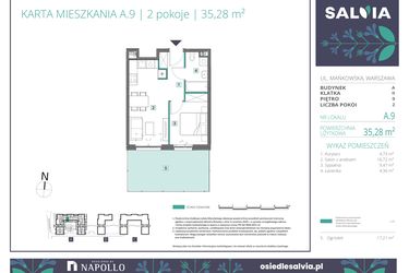 Rzut - Mieszkanie na sprzedaż 2 pokoje o powierzchni 35,28 m² - numer A.09 w Osiedle Salvia