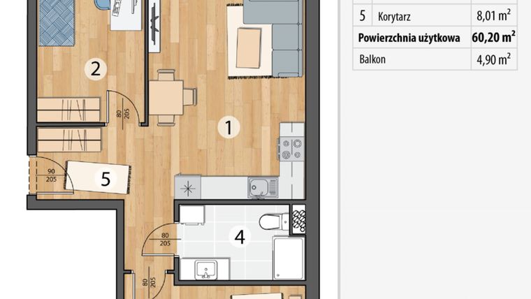 Rzut - Mieszkanie na sprzedaż 3 pokoje o powierzchni 60,2 m² - numer G4-07 w Smolec pod Wrocławem Dobry Deweloper Milo
