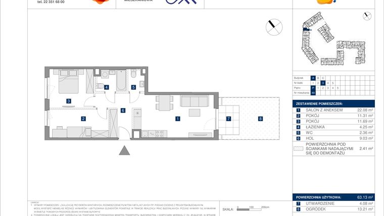 Rzut - Mieszkanie na sprzedaż 3 pokoje o powierzchni 63,13 m² - numer A.49 w Osiedle Ceramiczna