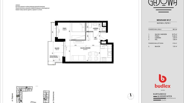Rzut - Mieszkanie na sprzedaż 2 pokoje o powierzchni 39,11 m² - numer 27 w Gajowa bud. A