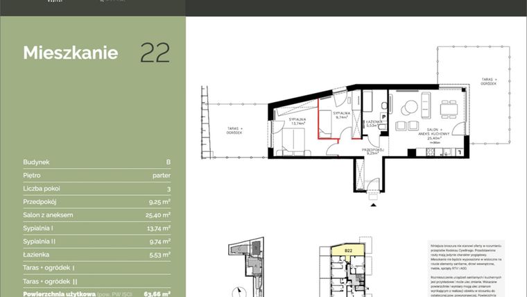 Rzut - Mieszkanie na sprzedaż 3 pokoje o powierzchni 63,45 m² - numer B22 w Stawowa Residence - etap V