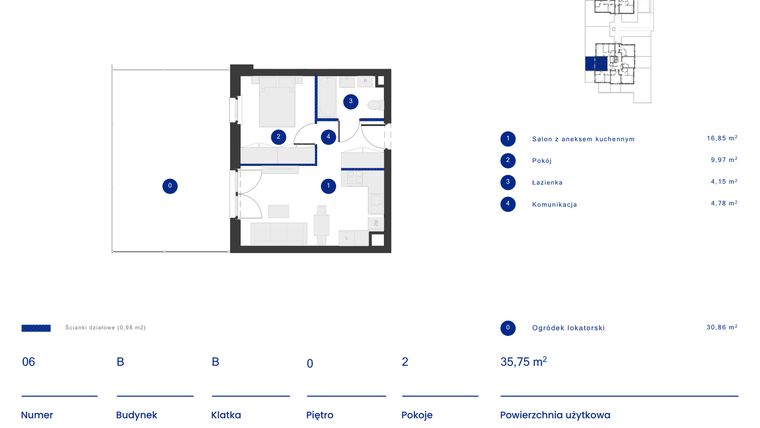 Rzut - Mieszkanie na sprzedaż 2 pokoje o powierzchni 35,75 m² - numer B.06 w Osiedle Inverso
