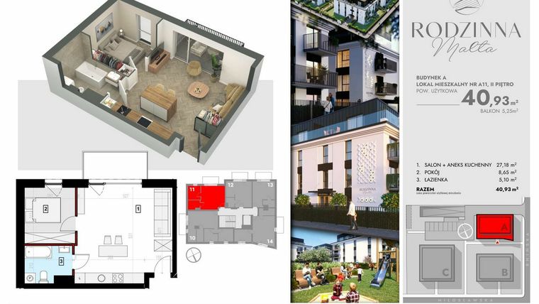 Rzut - Mieszkanie na sprzedaż 2 pokoje o powierzchni 40,93 m² - numer A11 w Rodzinna Malta