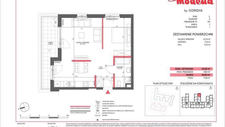 Rzut - Mieszkanie na sprzedaż 1 pokój o powierzchni 54,09 m² - numer A.105 w Modena II