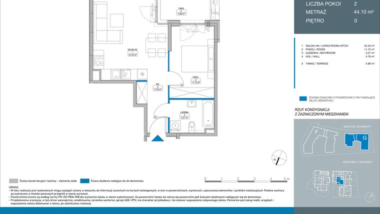 Rzut - Mieszkanie na sprzedaż 2 pokoje o powierzchni 44,1 m² - numer GD0005 w Spokojny Mokotów etap II