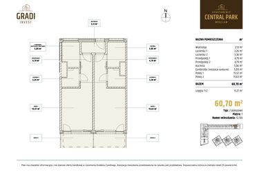 Rzut - Mieszkanie na sprzedaż 2 pokoje o powierzchni 60,7 m² - numer 12.86 w Apartamenty Central Park Wrocław