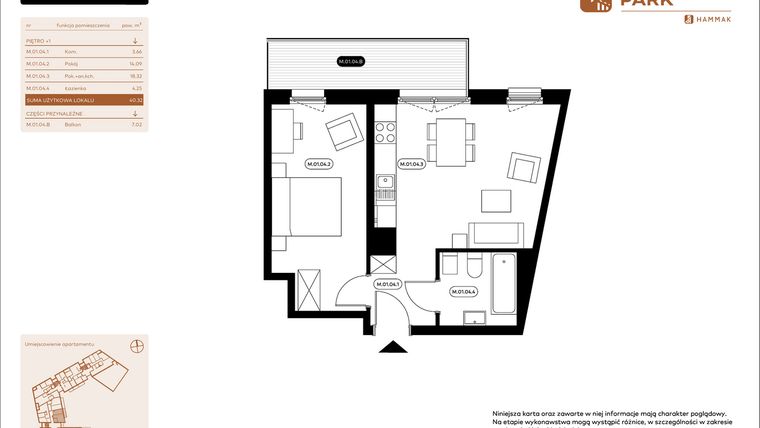 Rzut - Mieszkanie na sprzedaż 2 pokoje o powierzchni 40,33 m² - numer 1.04 w Białoprądnicka Park
