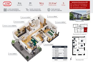 Rzut - Mieszkanie na sprzedaż 3 pokoje o powierzchni 54,81 m² - numer 23 w Tęczowy Zakątek F-15