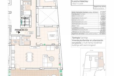 Rzut - Mieszkanie na sprzedaż 3 pokoje o powierzchni 126,47 m² - numer 3.2 w Mieszkania w Hondón de las Nieves - 65879943