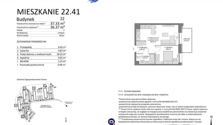 Rzut - Mieszkanie na sprzedaż 2 pokoje o powierzchni 36,37 m² - numer 22.41 w Osiedle Pastelowe etap IV