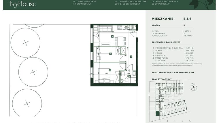 Rzut - Mieszkanie na sprzedaż 3 pokoje o powierzchni 43,39 m² - numer B.1.6 w IVY HOUSE