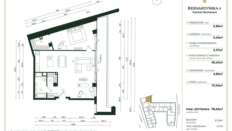 Rzut - Mieszkanie na sprzedaż 4 pokoje o powierzchni 78,65 m² - numer A/3/11 w Bernardyńska 4