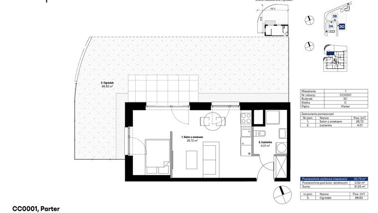 Rzut - Mieszkanie na sprzedaż 1 pokój o powierzchni 30,73 m² - numer CC0001 w NU3 Warszawa Wola