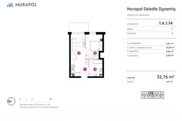 Rzut - Mieszkanie na sprzedaż 2 pokoje o powierzchni 32,76 m² - numer 1.A.1.14 w Murapol Osiedle Dynamiq