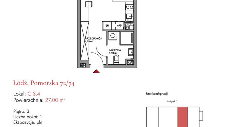 Rzut - Mieszkanie na sprzedaż 1 pokój o powierzchni 27,42 m² - numer C 3.4 w Melody Loft