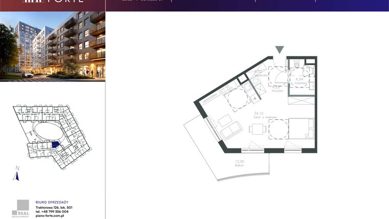 Rzut - Mieszkanie na sprzedaż 1 pokój o powierzchni 46,34 m² - numer D.1.133 w Piano
