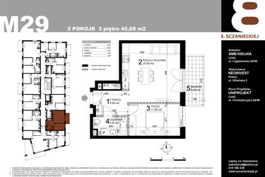 Rzut - Mieszkanie na sprzedaż 2 pokoje o powierzchni 45,68 m² - numer M29 w Sczanieckiej 8