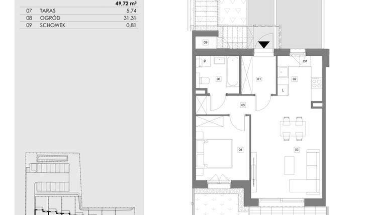 Rzut - Mieszkanie na sprzedaż 2 pokoje o powierzchni 49,68 m² - numer 14A.1 w Przystań Sobieszewo