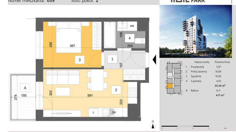 Rzut - Mieszkanie na sprzedaż 2 pokoje o powierzchni 35,34 m² - numer 39 w Dworzysko Park - Etap III