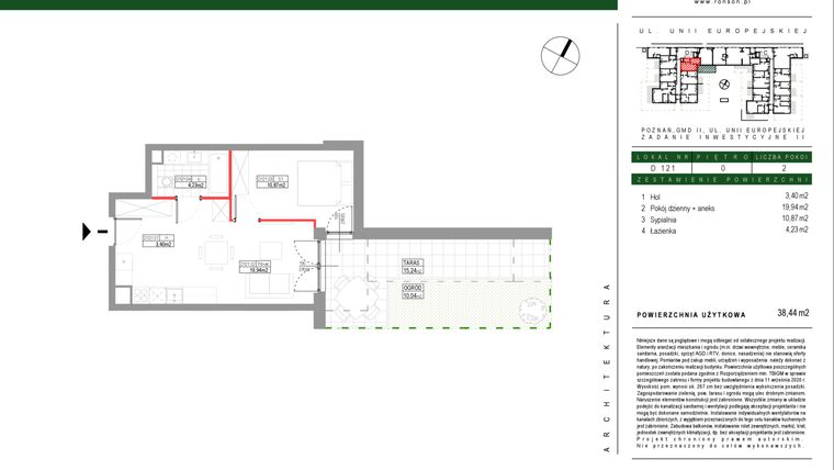 Rzut - Mieszkanie na sprzedaż 2 pokoje o powierzchni 38,44 m² - numer D121 w Grunwald Między Drzewami etap III