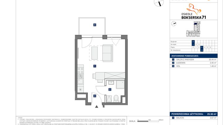Rzut - Mieszkanie na sprzedaż 1 pokój o powierzchni 25,38 m² - numer D14 w Osiedle Bokserska 71 Etap 2 Faza 3