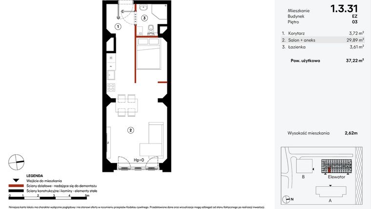 Rzut - Mieszkanie na sprzedaż 1 pokój o powierzchni 37,22 m² - numer EZ.1.3.31 w Elewator - Mieszkania i Lofty