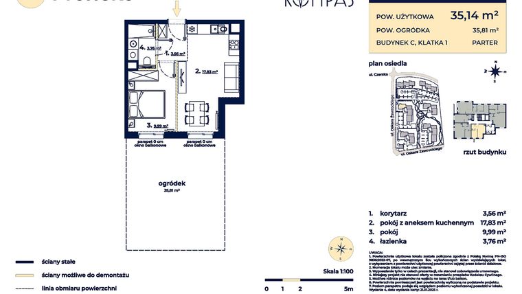 Rzut - Mieszkanie na sprzedaż 2 pokoje o powierzchni 35,14 m² - numer C01 w Osiedle Kompas