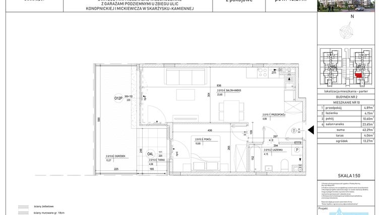 Rzut - Mieszkanie na sprzedaż 2 pokoje o powierzchni 43,29 m² - numer M-10 w Apartamenty Konopnickiej