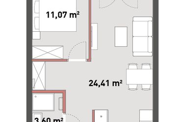 Rzut - Mieszkanie na sprzedaż 2 pokoje o powierzchni 41,47 m² - numer A.03.11 w Żelazna 54