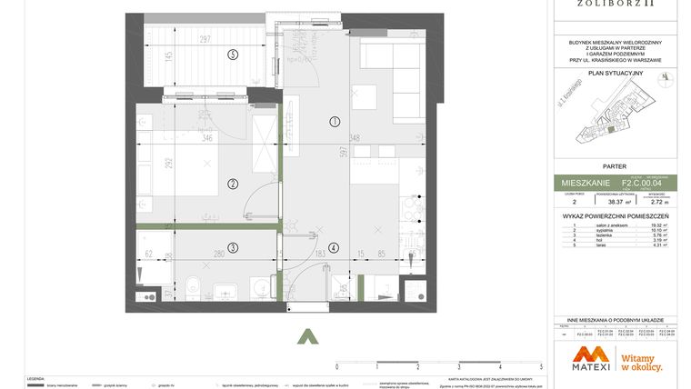 Rzut - Mieszkanie na sprzedaż 2 pokoje o powierzchni 38,37 m² - numer F2.C.00.04 w Sady Żoliborz II