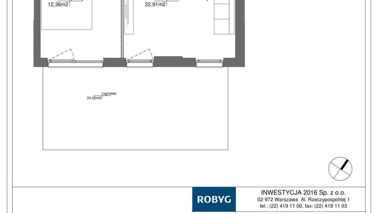 Rzut - Mieszkanie na sprzedaż 2 pokoje o powierzchni 46,08 m² - numer RM/1A/E/0/1 w Rytm Mokotowa - etap 1A