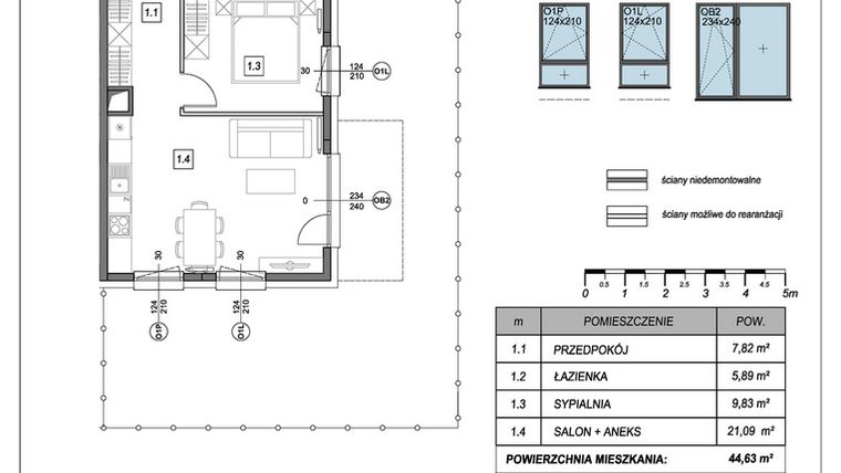 Rzut - Mieszkanie na sprzedaż 2 pokoje o powierzchni 44,63 m² - numer A.1.2 w #NaSwoim2