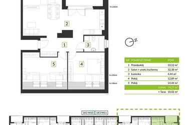 Rzut - Mieszkanie na sprzedaż 3 pokoje o powierzchni 74,27 m² - numer 1K4 M12 w Osiedle Krzeptów przy lesie