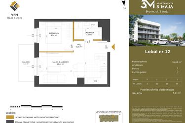 Rzut - Mieszkanie na sprzedaż 2 pokoje o powierzchni 36,69 m² - numer 12 w Apartamenty 3 Maja
