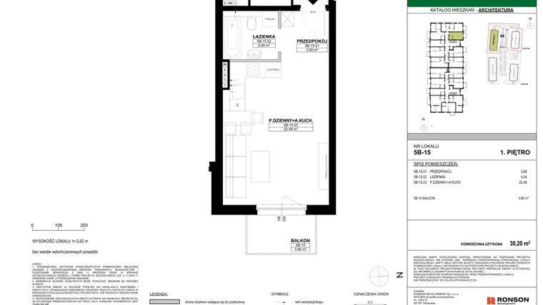 Rzut - Mieszkanie na sprzedaż 1 pokój o powierzchni 30,2 m² - numer 5B-15 w Nowa Północ etap 2A