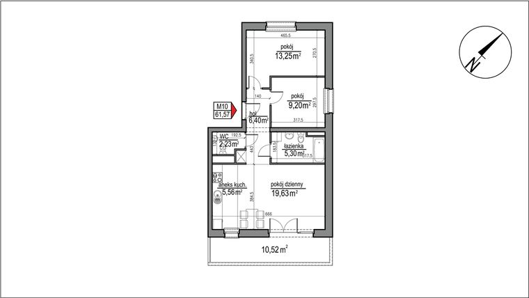 Rzut - Mieszkanie na sprzedaż 3 pokoje o powierzchni 61,57 m² - numer 4 m. 10 w Osiedle Rytm etap 3
