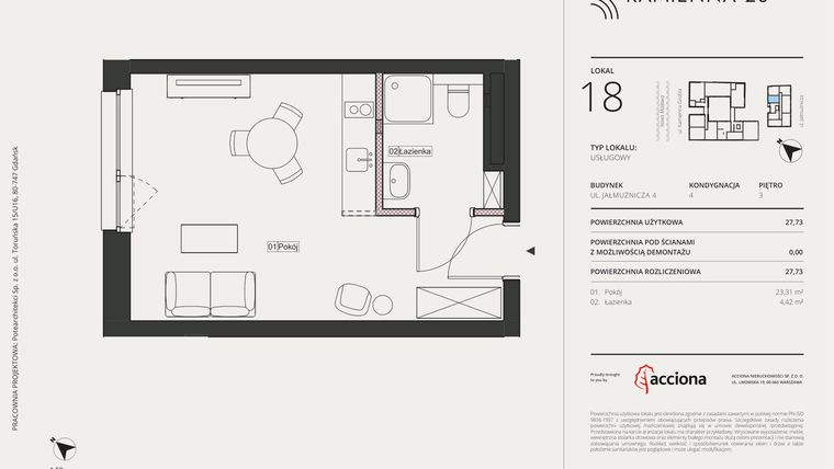 Rzut - Mieszkanie na sprzedaż 1 pokój o powierzchni 27,73 m² - numer 4.18 w Kamienna 28 - apartamenty inwestycyjne